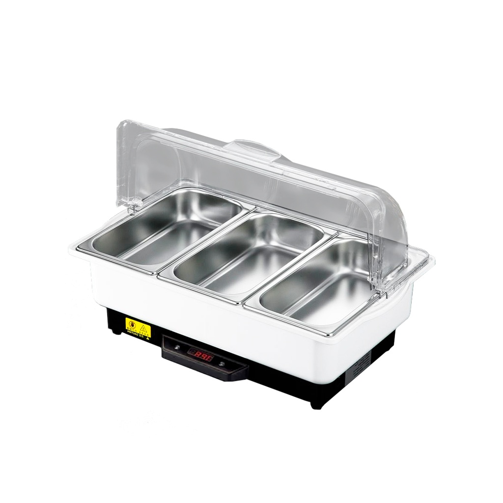 Calentador De Comida Electrico Tipo Buffet De 3 Tolvas De Acero Inoxidable, 110V/60HZ, Marca Freeze