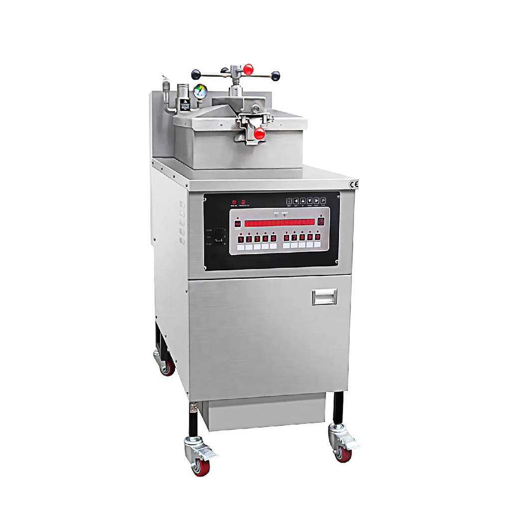 Freidora De Pollo C/Pedestal A GAS, Con Panel Programable Y Filtro De Aceite, 25L 220V/3PH/60HZ, Temp: 50 A 200°C Freeze