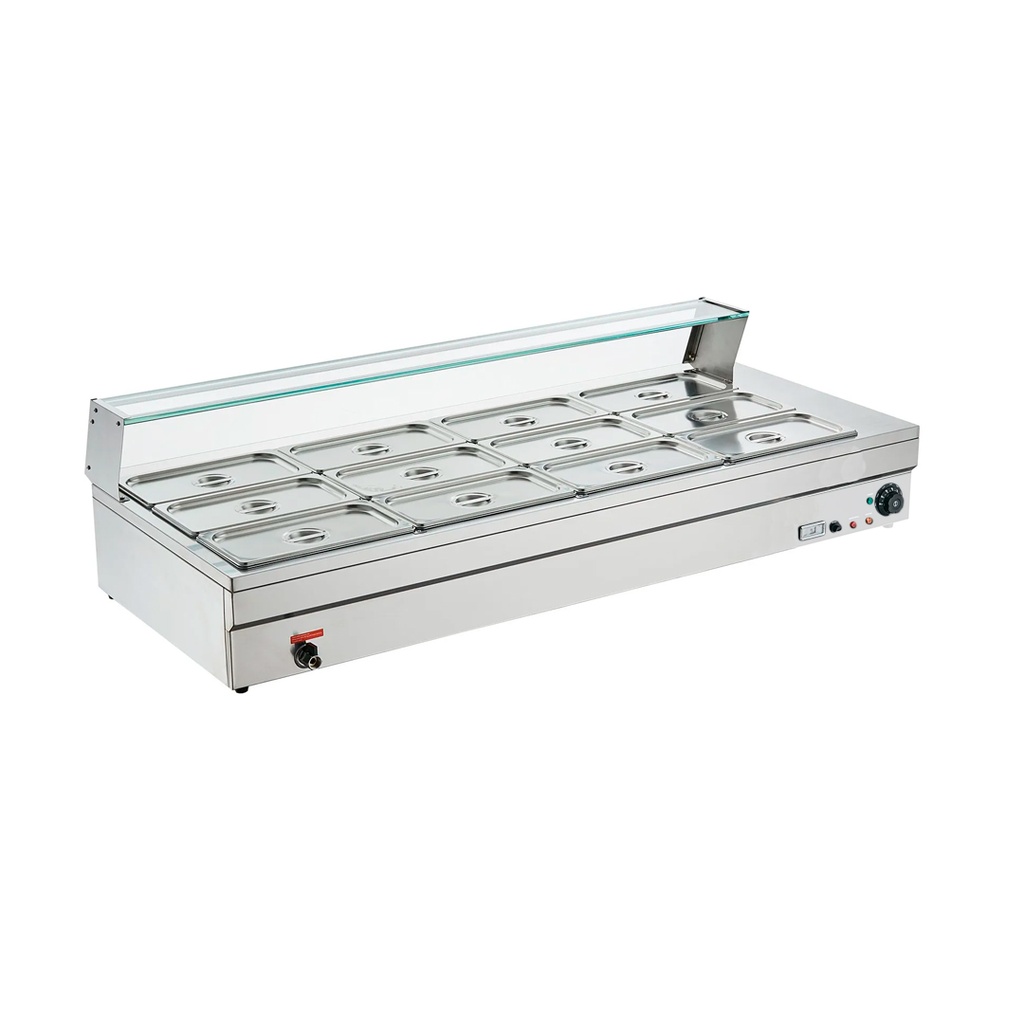 Vitrina Electrica De Calor Baño Maria Sobremesa Con Vidrio De 12 Tolvas, 150CM, 110V/60HZ, Marca Freeze