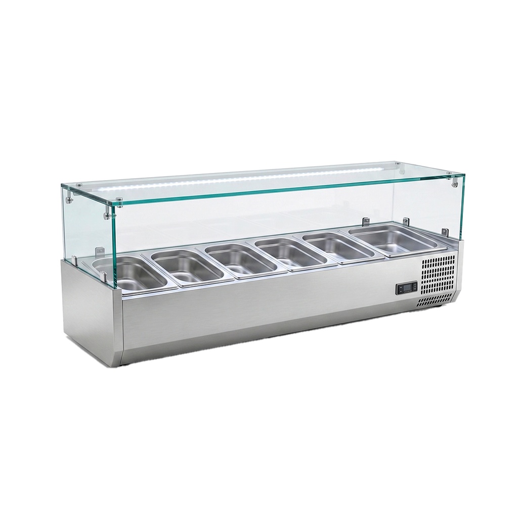 Vitrina Refrig-Comercial/Sobremesa(Elaborar ENSALADA/PIZZA)ACERO/110V/60HZ/0-12°C/7 BANDEJAS/150CM/FR-VRPE150CM Freeze