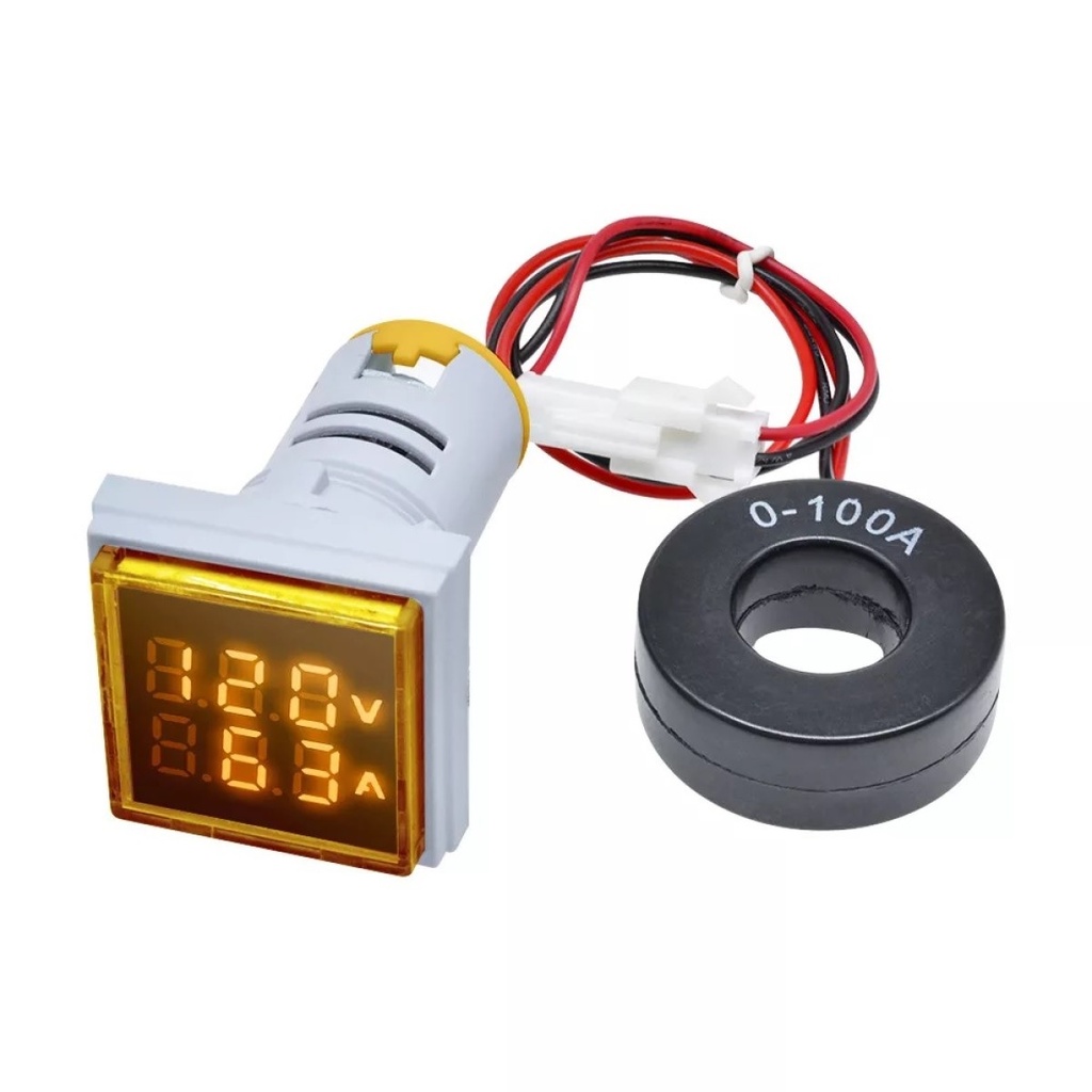 Luz Piloto Medidor De Voltaje Y Amperaje Voltimetro + Amperimetro Amarillo Cuadrado AC50-500V, 0-100A