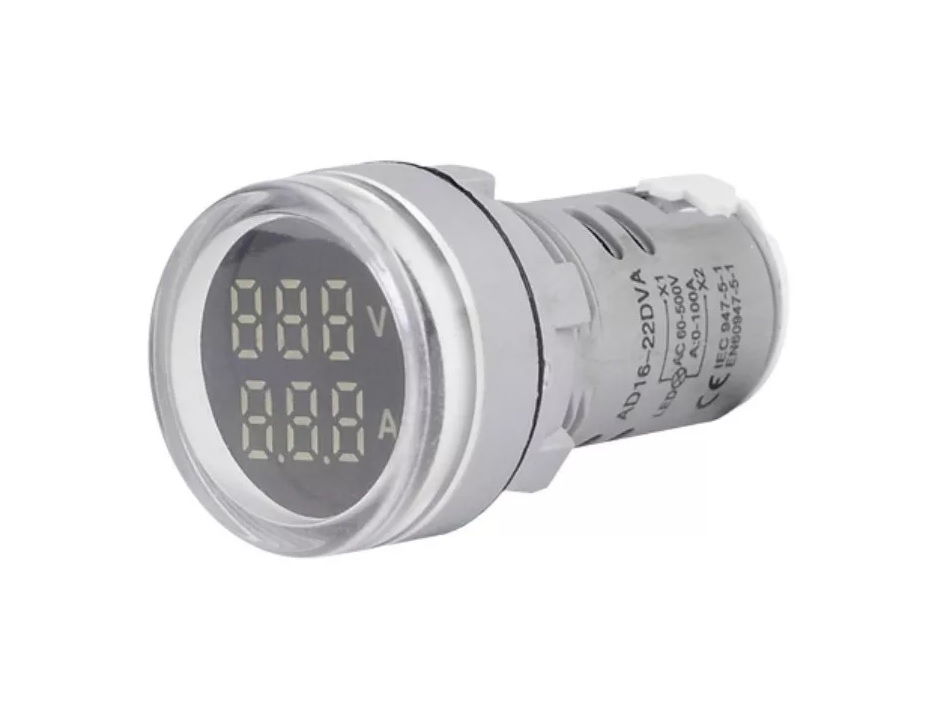 Luz Piloto Medidor De Voltaje Y Amperaje Voltimetro + Amperimetro Blanco Redondo AC50-500V, 0-100A