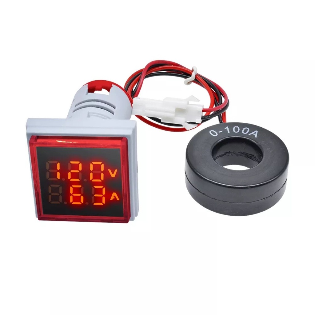 Luz Piloto Medidor De Voltaje Y Amperaje Voltimetro + Amperimetro Cuadrado Rojo AC50-500V, 0-100A WH01A201RDH