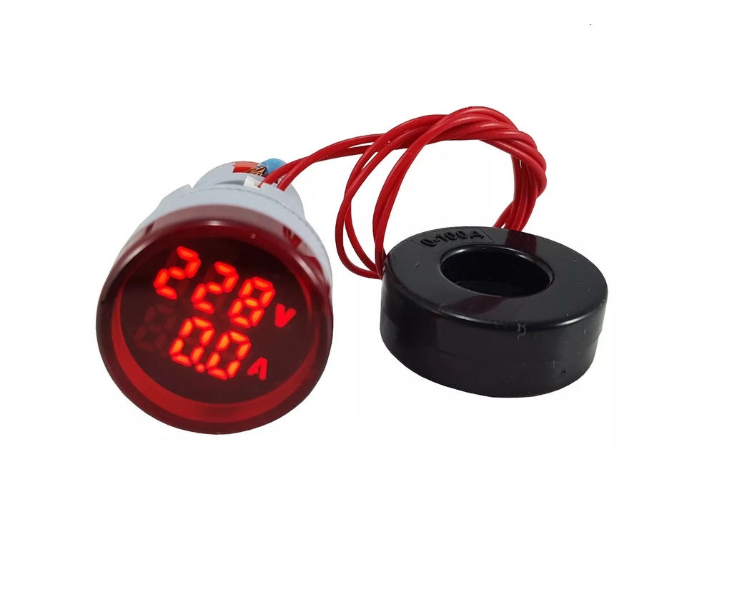 Luz Piloto Medidor De Voltaje Y Amperaje Voltimetro + Amperimetro Rojo Redondo AC50-500V, 0-100A