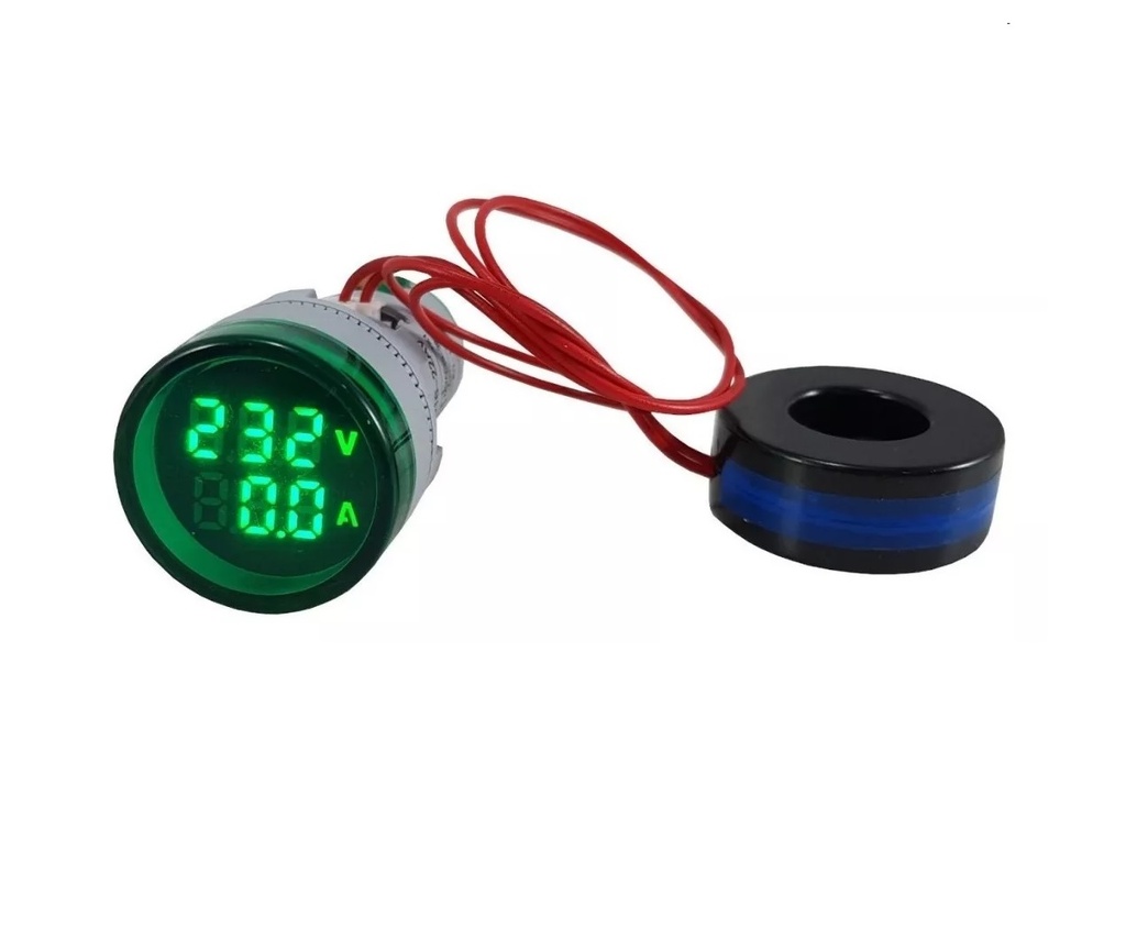 Luz Piloto Medidor De Voltaje Y Amperaje Voltimetro + Amperimetro Verde Redondo AC50-500V, 0-100A