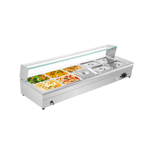 [WK07W11300H] Baño Maria Electrico De 10 Bandejas Sobremesa Con Vidrio, 110V/60HZ, 1.800W, Tamaño: 180*58*40CM, Temp: 30-85°, Freeze