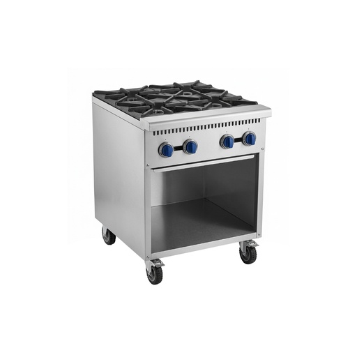 Cocina industrial de pedestal a gas de 4 hornillas con repisa de acero inoxidable